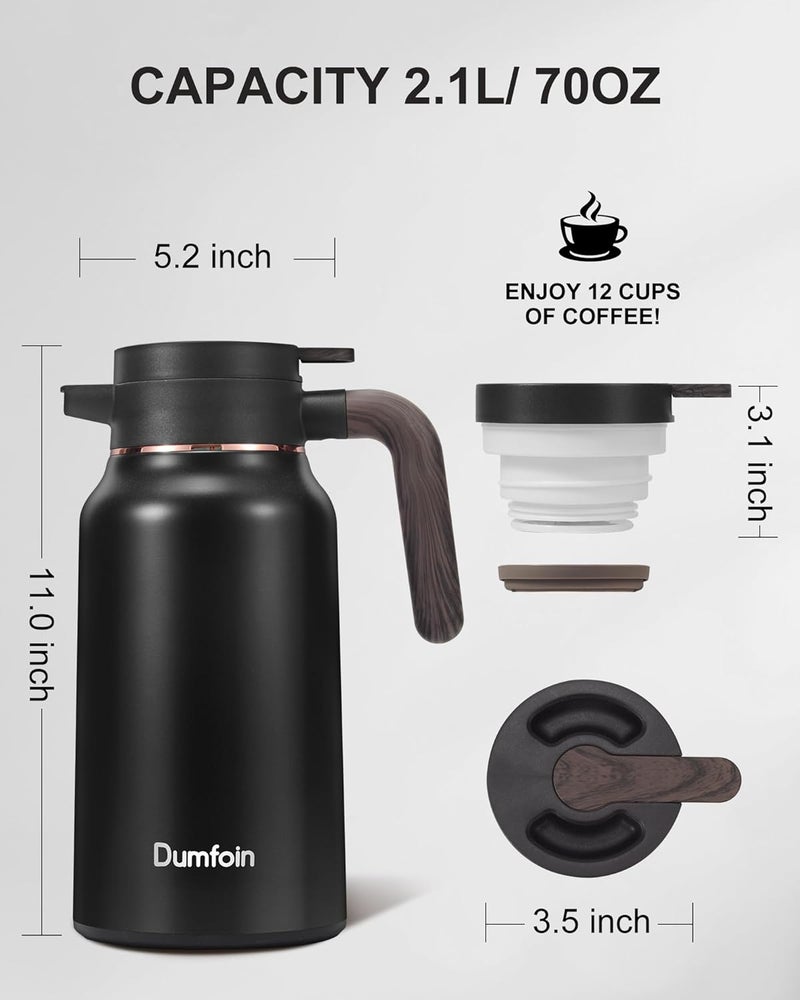 Dumfoin إبريق حراري للسائل الساخن سعة 70 أونصة - إبريق قهوة ستانلس ستيل حراري لمدة 12 ساعة - إباريق قهوة معزولة للحفاظ على القهوة الساخنة/الباردة، الشاي، الماء، موزع المشروبات للحفلات (2 أسود) - Image 5